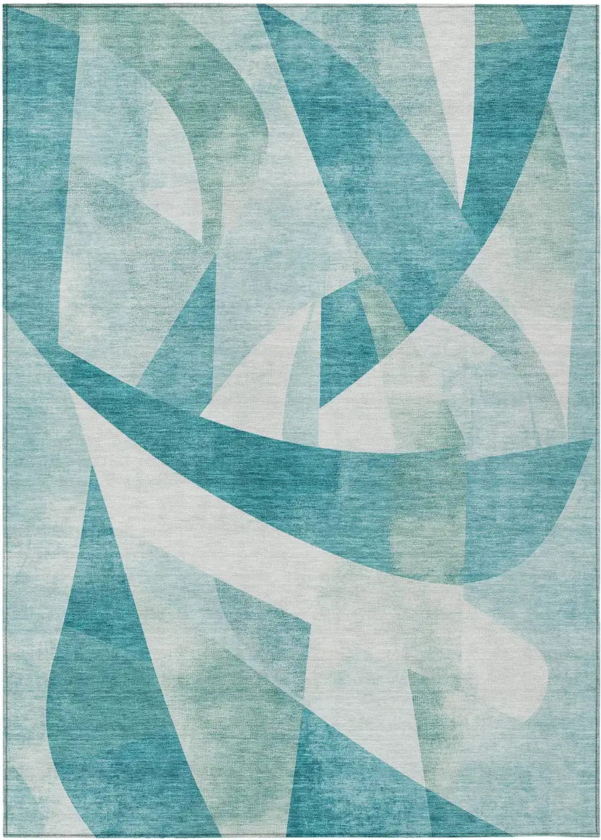 Teal Blue And Ivory Abstract Washable Indoor Outdoor Area Rug Photo 8