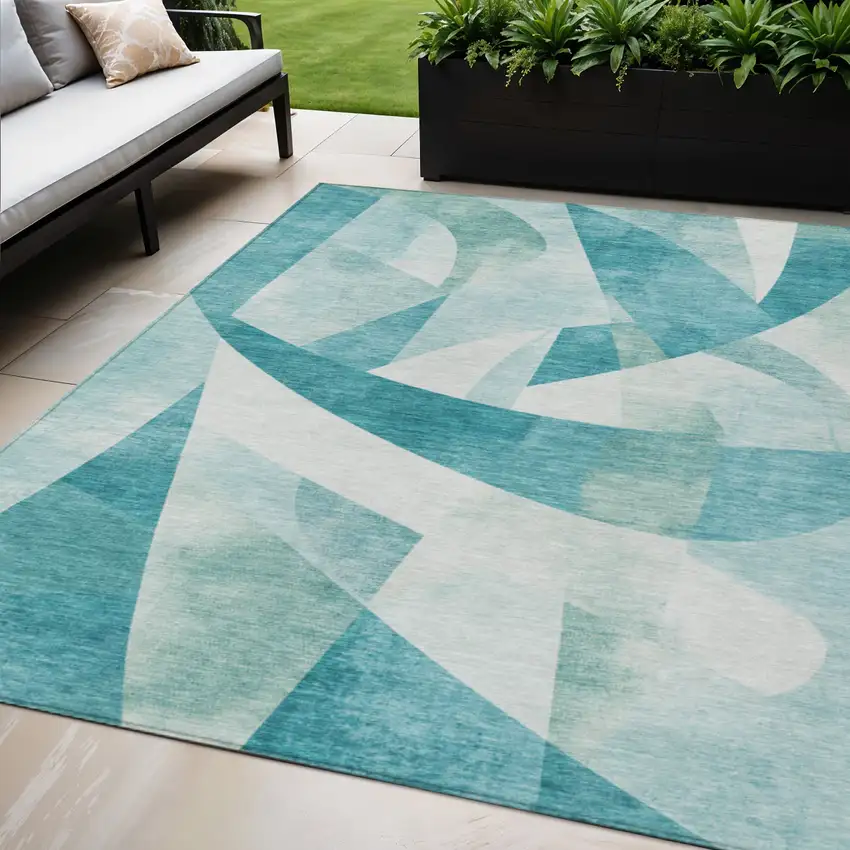 Teal Blue And Ivory Abstract Washable Indoor Outdoor Area Rug Photo 2