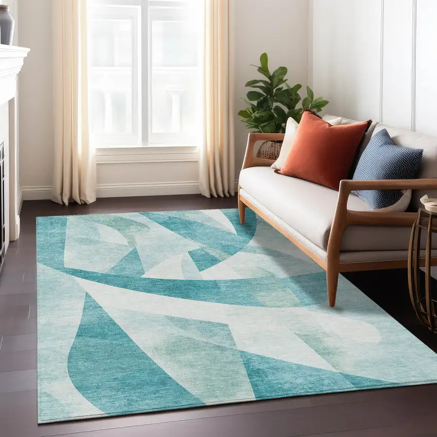 Teal Blue And Ivory Abstract Washable Indoor Outdoor Area Rug Photo 6