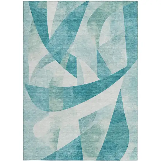 Teal Blue And Ivory Abstract Washable Indoor Outdoor Area Rug Photo 1