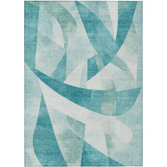 Teal Blue And Ivory Abstract Washable Indoor Outdoor Area Rug Photo 1