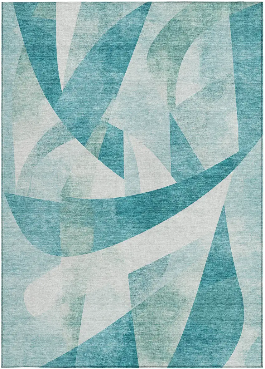 Teal Blue And Ivory Abstract Washable Indoor Outdoor Area Rug Photo 4