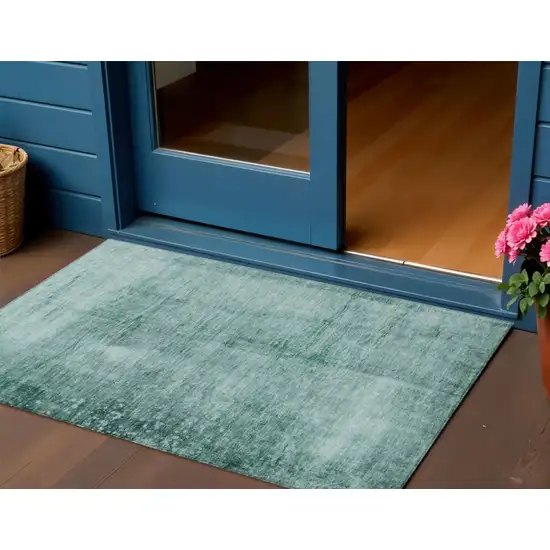 Teal Blue And Ivory Abstract Washable Indoor Outdoor Area Rug Photo 2