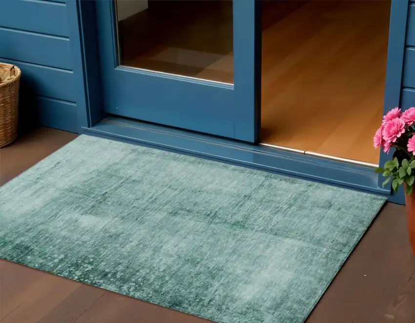 Teal Blue And Ivory Abstract Washable Indoor Outdoor Area Rug Photo 2