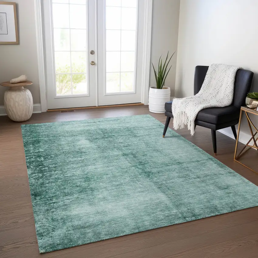 Teal Blue And Ivory Abstract Washable Indoor Outdoor Area Rug Photo 5