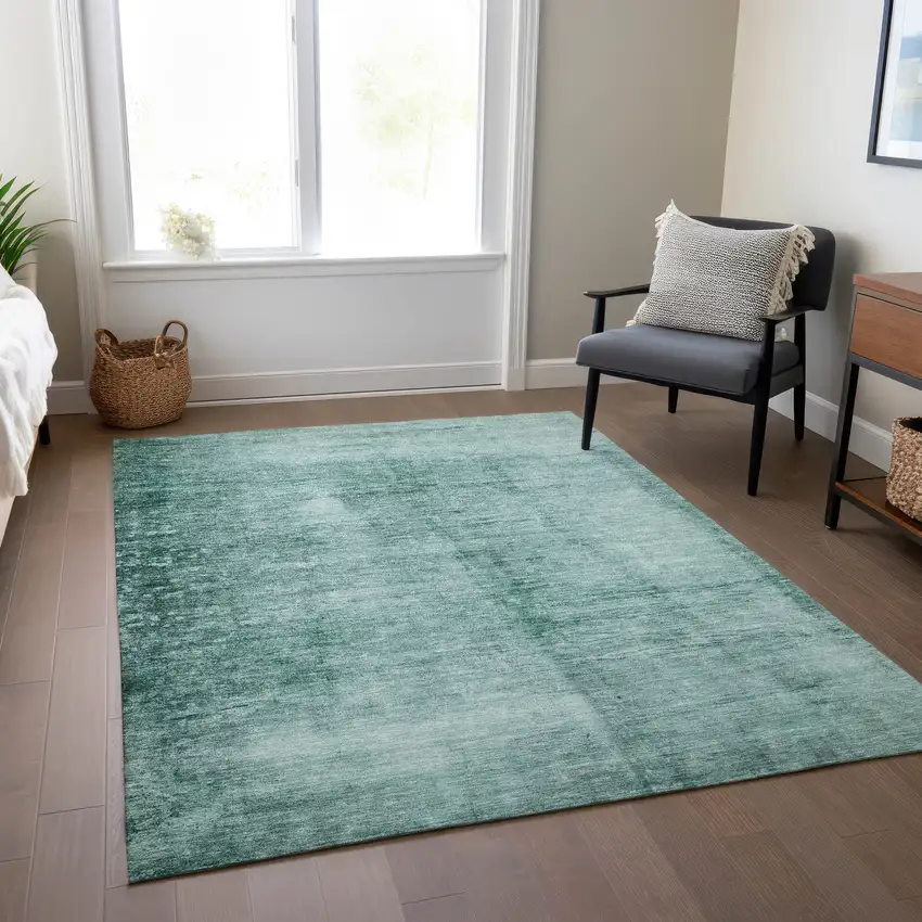 Teal Blue And Ivory Abstract Washable Indoor Outdoor Area Rug Photo 6