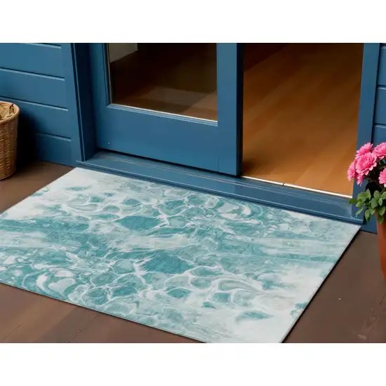 Teal Blue And Ivory Abstract Washable Indoor Outdoor Area Rug Photo 2