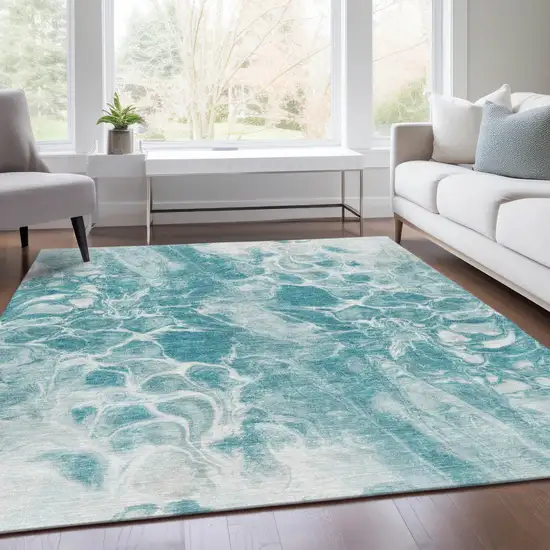 Teal Blue And Ivory Abstract Washable Indoor Outdoor Area Rug Photo 6