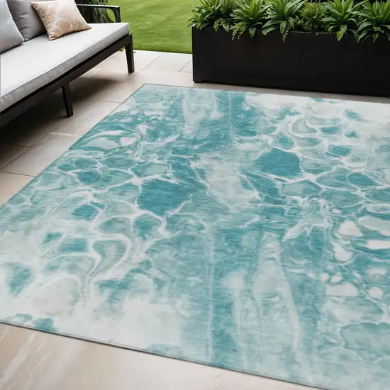 Teal Blue And Ivory Abstract Washable Indoor Outdoor Area Rug Photo 2
