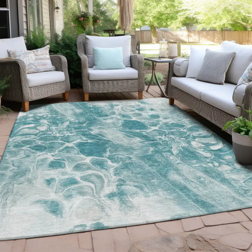 Teal Blue And Ivory Abstract Washable Indoor Outdoor Area Rug Photo 4