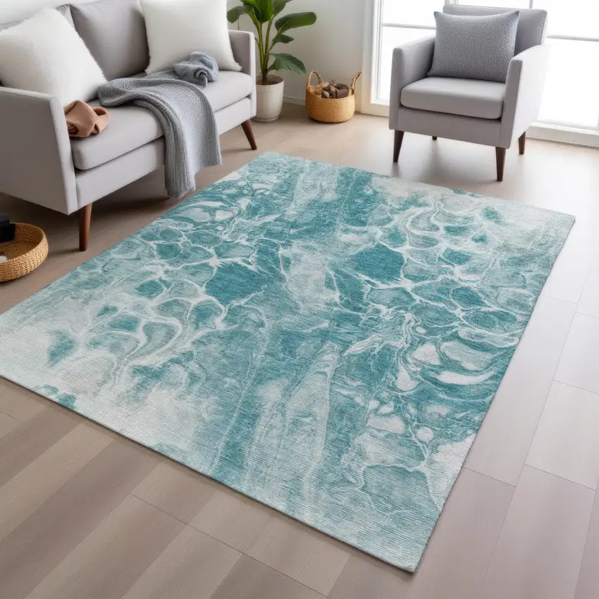 Teal Blue And Ivory Abstract Washable Indoor Outdoor Area Rug Photo 5