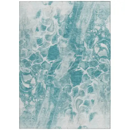 Teal Blue And Ivory Abstract Washable Indoor Outdoor Area Rug Photo 9