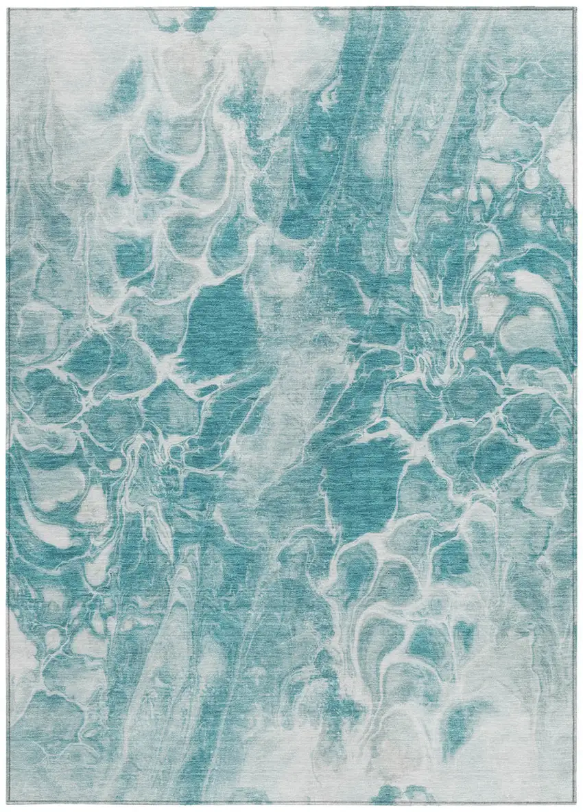 Teal Blue And Ivory Abstract Washable Indoor Outdoor Area Rug Photo 9