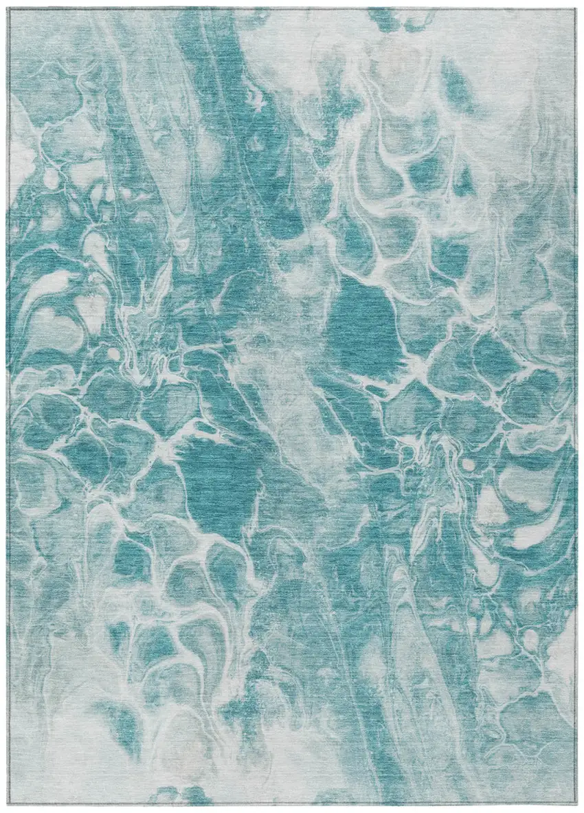 Teal Blue And Ivory Abstract Washable Indoor Outdoor Area Rug Photo 7