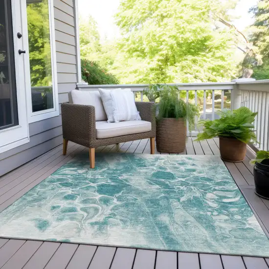 Teal Blue And Ivory Abstract Washable Indoor Outdoor Area Rug Photo 6