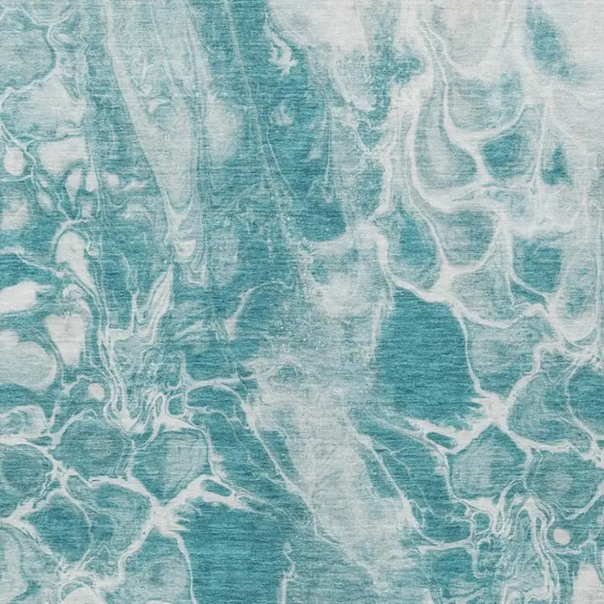 Teal Blue And Ivory Abstract Washable Indoor Outdoor Area Rug Photo 9