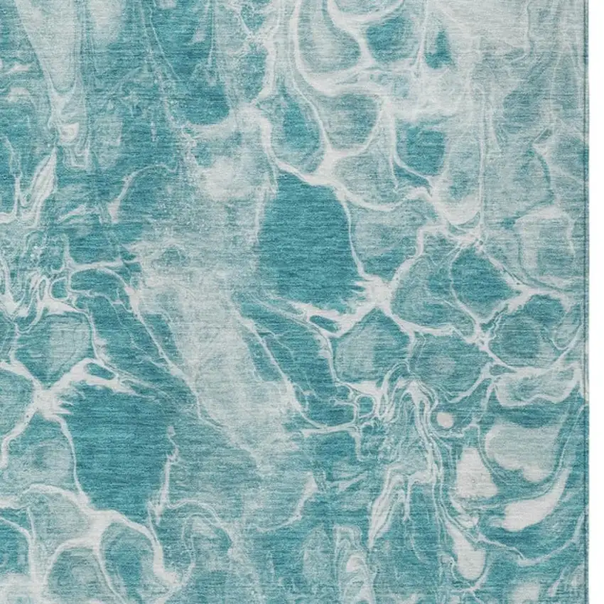 Teal Blue And Ivory Abstract Washable Indoor Outdoor Area Rug Photo 9