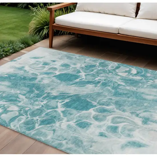 Teal Blue And Ivory Abstract Washable Indoor Outdoor Area Rug Photo 2