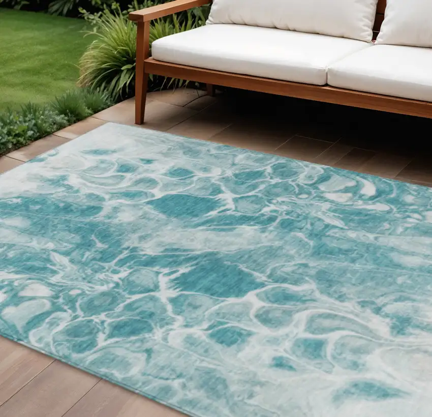 Teal Blue And Ivory Abstract Washable Indoor Outdoor Area Rug Photo 2