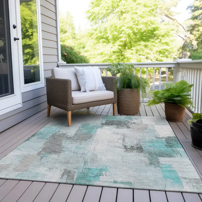 Teal Blue And Ivory Abstract Washable Indoor Outdoor Area Rug Photo 7