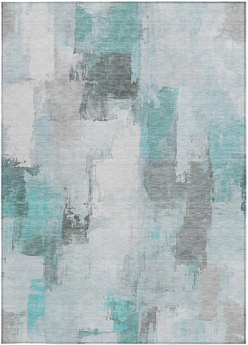 Teal Blue And Ivory Abstract Washable Indoor Outdoor Area Rug Photo 1