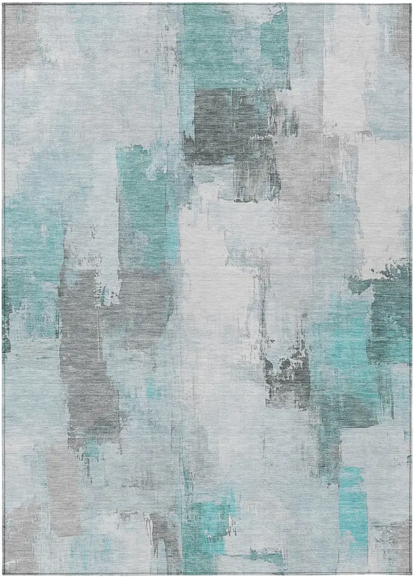 Teal Blue And Ivory Abstract Washable Indoor Outdoor Area Rug Photo 8