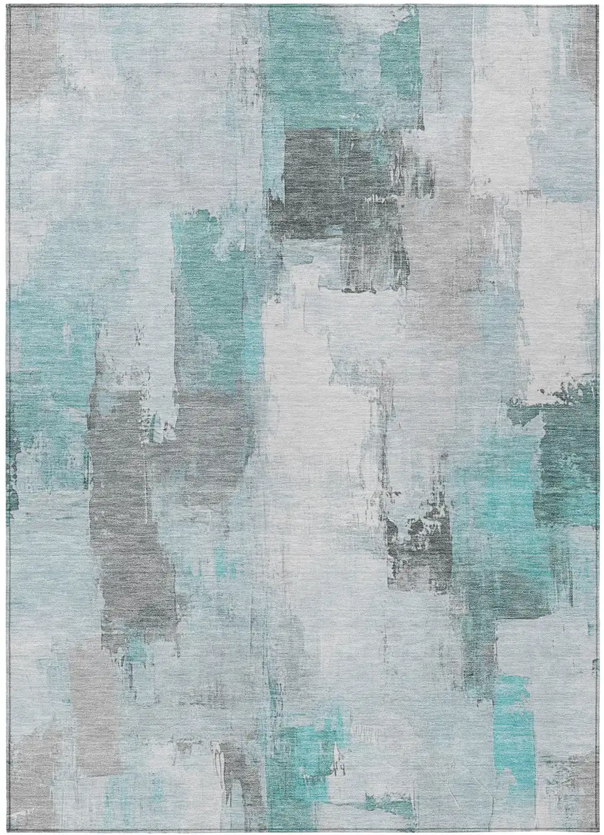 Teal Blue And Ivory Abstract Washable Indoor Outdoor Area Rug Photo 3