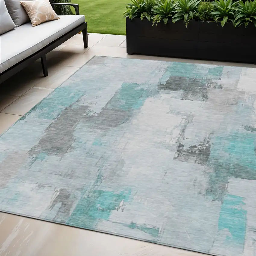 Teal Blue And Ivory Abstract Washable Indoor Outdoor Area Rug Photo 2