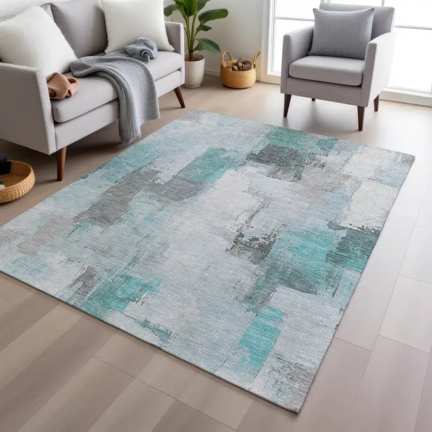 Teal Blue And Ivory Abstract Washable Indoor Outdoor Area Rug Photo 5