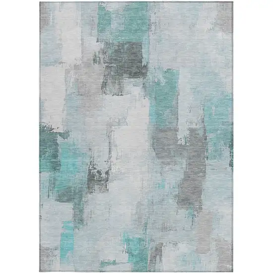 Teal Blue And Ivory Abstract Washable Indoor Outdoor Area Rug Photo 4