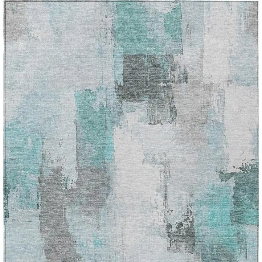 Teal Blue And Ivory Abstract Washable Indoor Outdoor Area Rug Photo 3