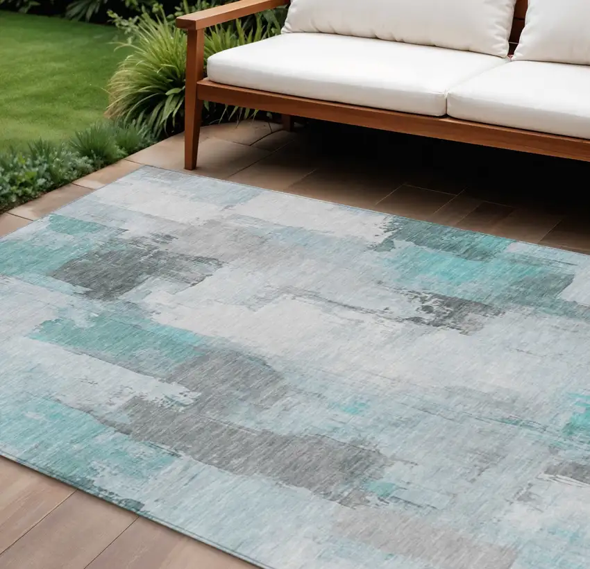 Teal Blue And Ivory Abstract Washable Indoor Outdoor Area Rug Photo 2