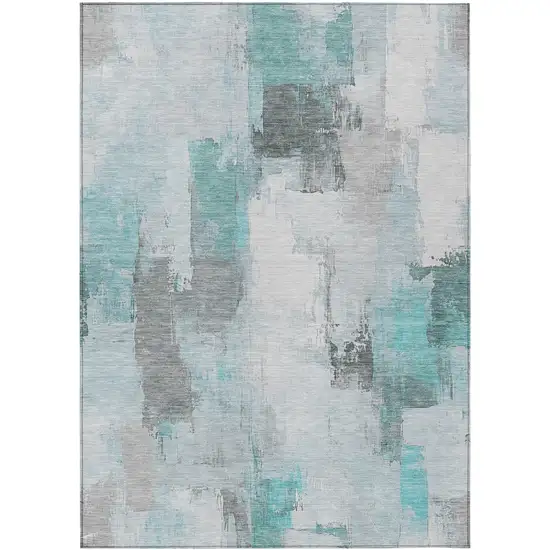 Teal Blue And Ivory Abstract Washable Indoor Outdoor Area Rug Photo 1