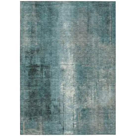 Teal Blue And Ivory Abstract Washable Indoor Outdoor Area Rug Photo 1