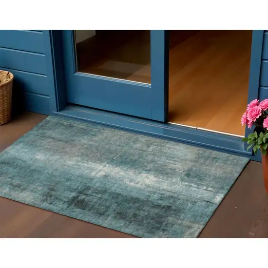 Teal Blue And Ivory Abstract Washable Indoor Outdoor Area Rug Photo 2