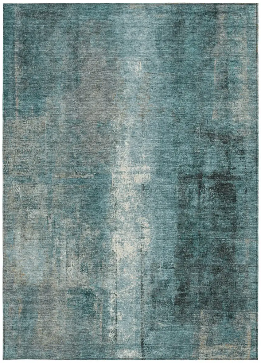 Teal Blue And Ivory Abstract Washable Indoor Outdoor Area Rug Photo 4