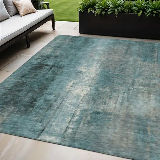 Teal Blue And Ivory Abstract Washable Indoor Outdoor Area Rug Photo 2