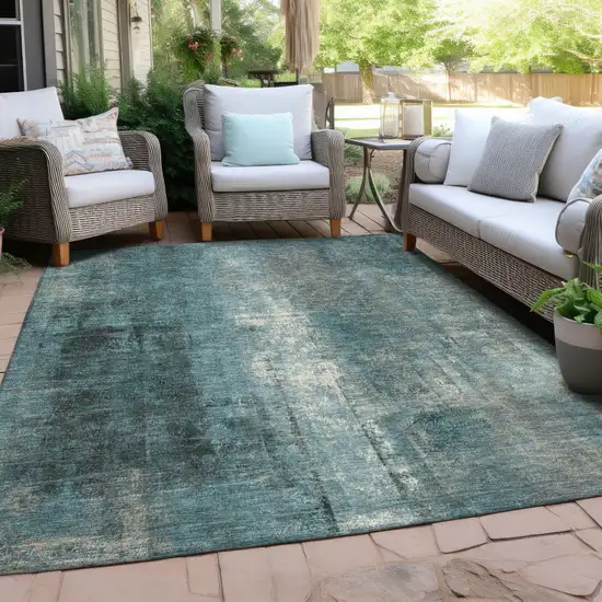 Teal Blue And Ivory Abstract Washable Indoor Outdoor Area Rug Photo 5