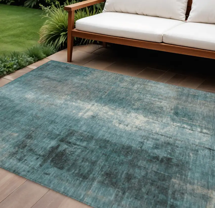 Teal Blue And Ivory Abstract Washable Indoor Outdoor Area Rug Photo 2
