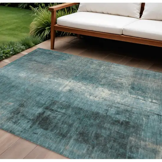 Teal Blue And Ivory Abstract Washable Indoor Outdoor Area Rug Photo 2