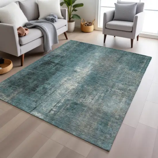 Teal Blue And Ivory Abstract Washable Indoor Outdoor Area Rug Photo 6