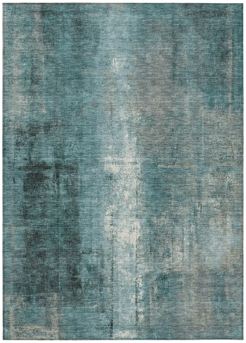 Teal Blue And Ivory Abstract Washable Indoor Outdoor Area Rug Photo 1