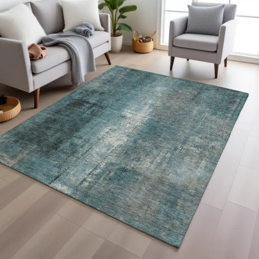 Teal Blue And Ivory Abstract Washable Indoor Outdoor Area Rug Photo 6