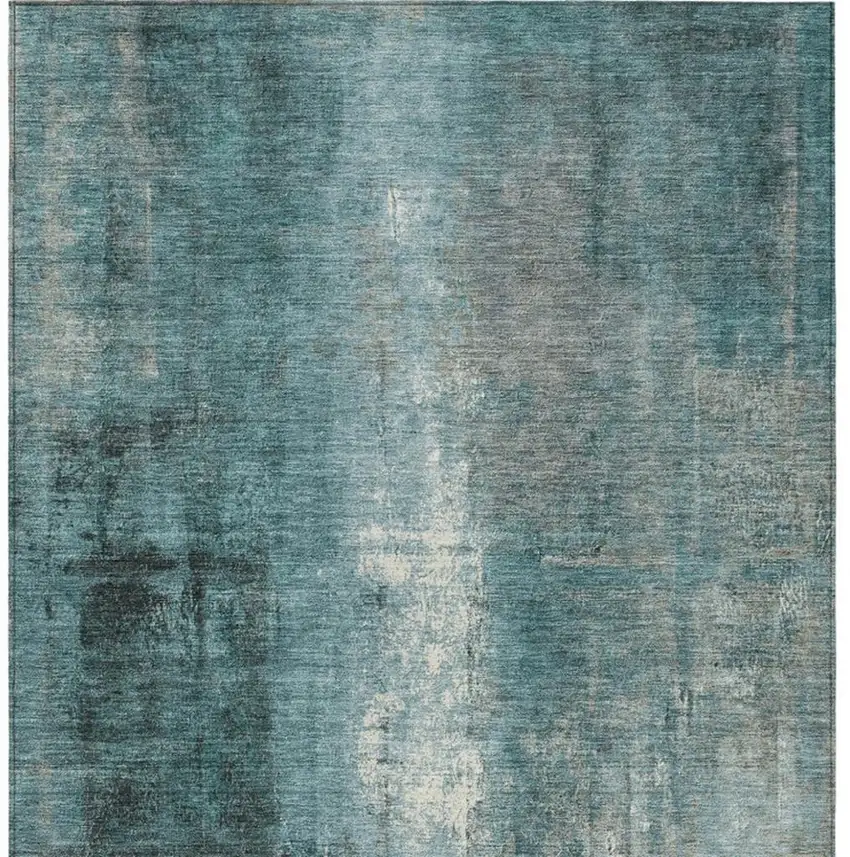 Teal Blue And Ivory Abstract Washable Indoor Outdoor Area Rug Photo 6