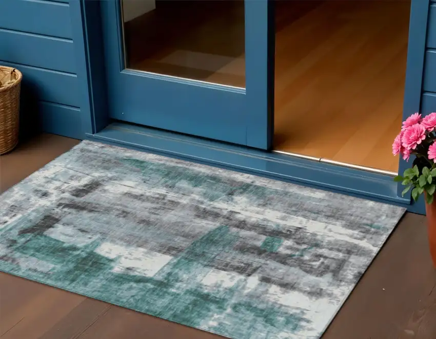 Teal Blue And Ivory Abstract Washable Indoor Outdoor Area Rug Photo 2