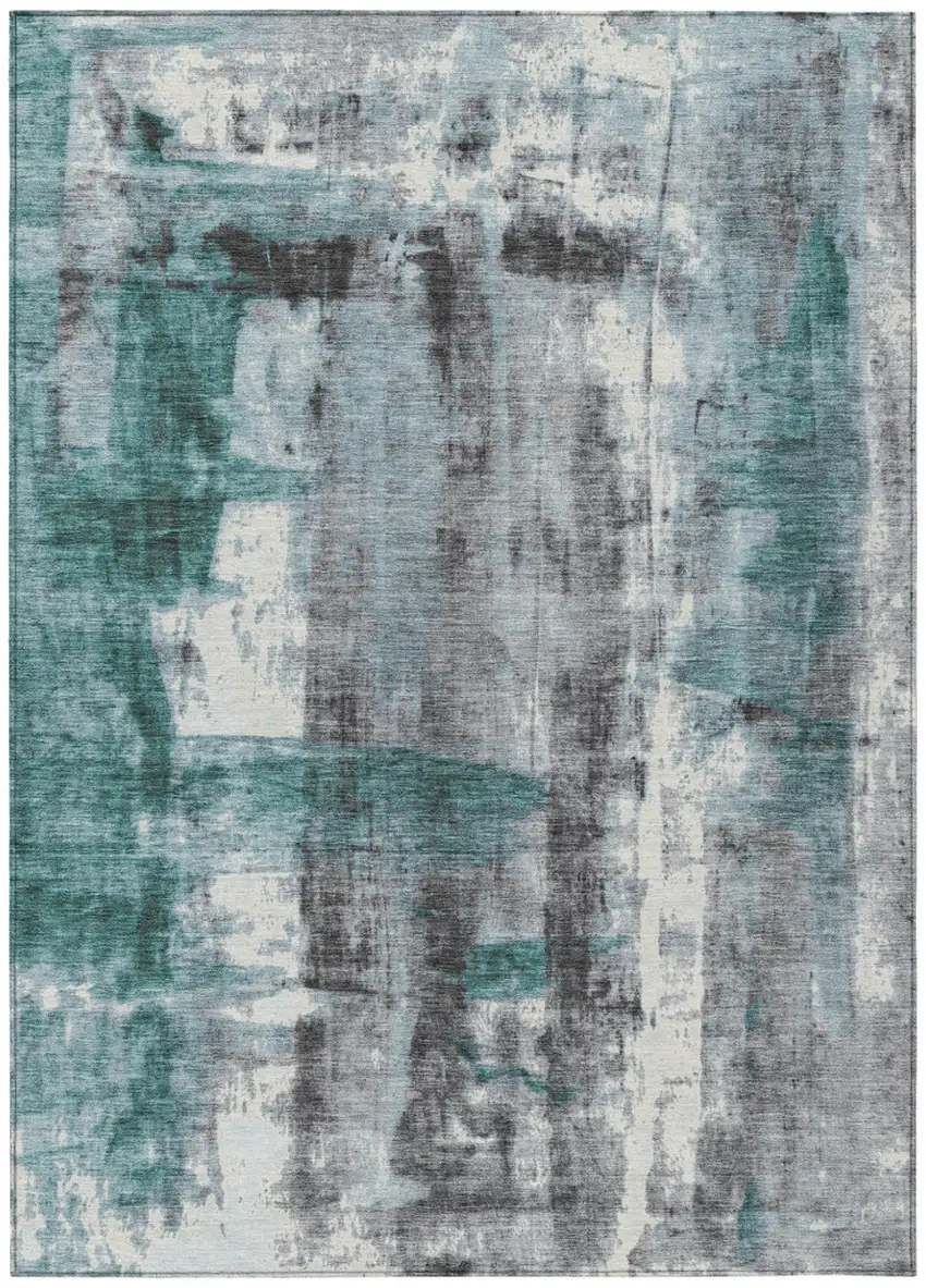 Teal Blue And Ivory Abstract Washable Indoor Outdoor Area Rug Photo 7