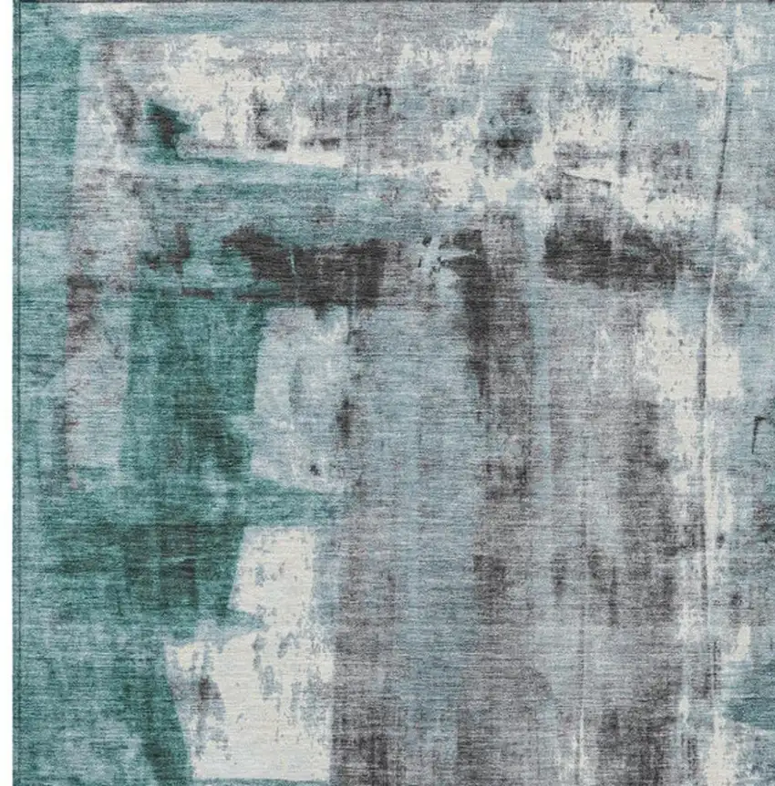 Teal Blue And Ivory Abstract Washable Indoor Outdoor Area Rug Photo 9