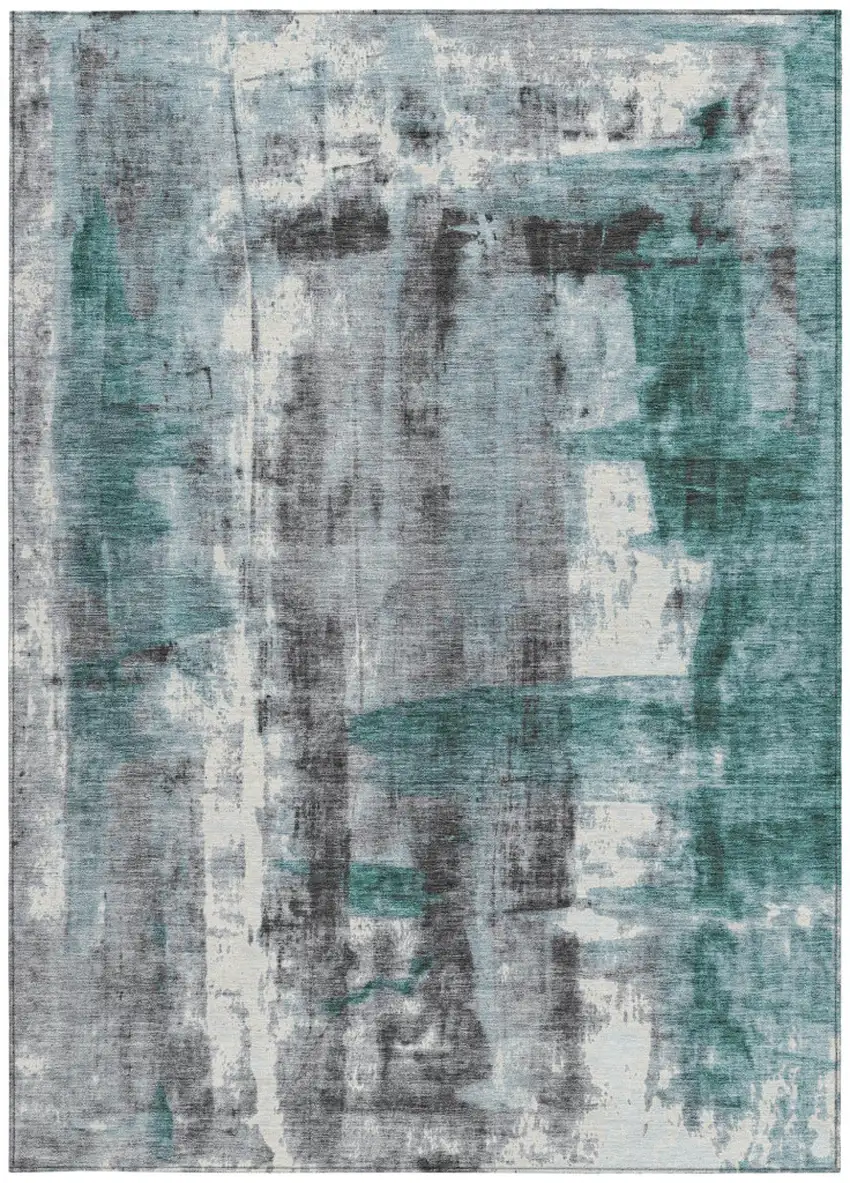 Teal Blue And Ivory Abstract Washable Indoor Outdoor Area Rug Photo 9