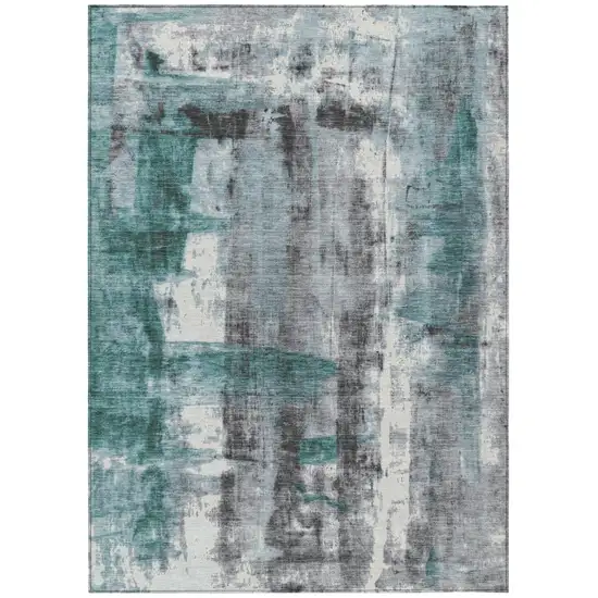 Teal Blue And Ivory Abstract Washable Indoor Outdoor Area Rug Photo 8