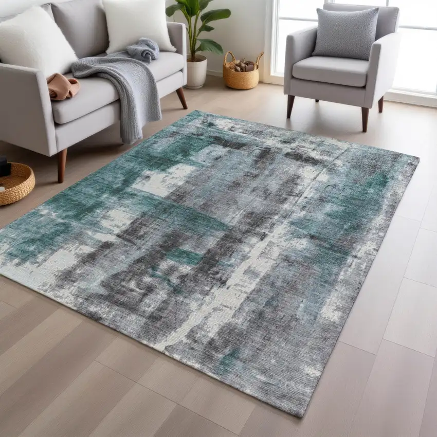 Teal Blue And Ivory Abstract Washable Indoor Outdoor Area Rug Photo 5